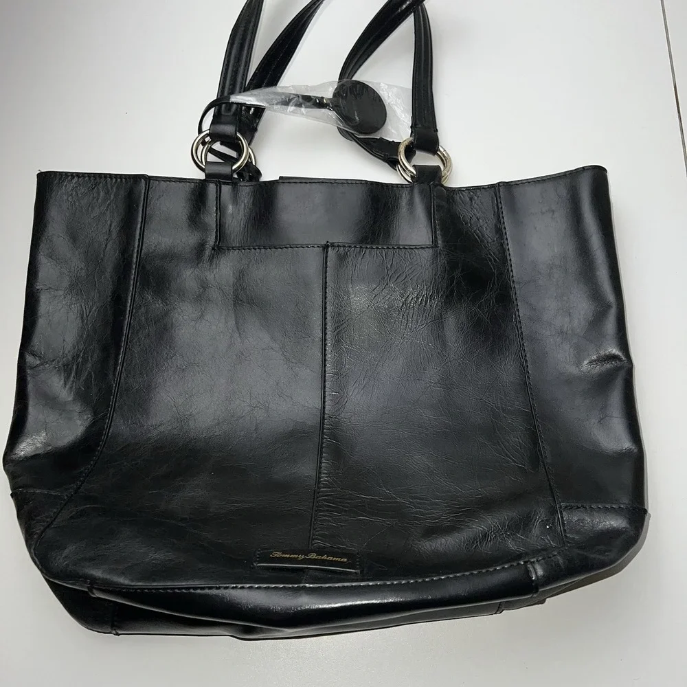 Tommy Bahama Black Leather Studded Snap Close Tote Bag Purse